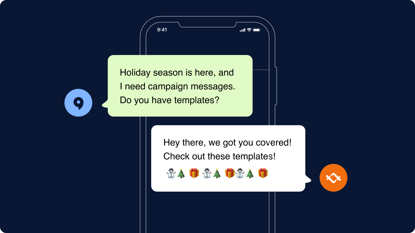 Chat on phone screen showcases festive holiday season campaign messages with cheerful emojis and Christmas message templates.