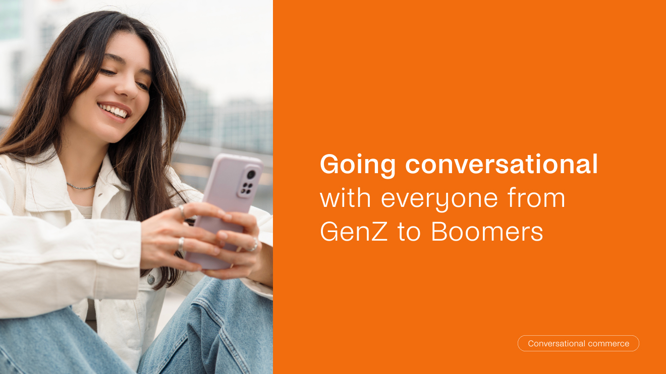 A woman smiles while using her smartphone, highlighting how conversational commerce bridges generations from Gen Z to Boomers.