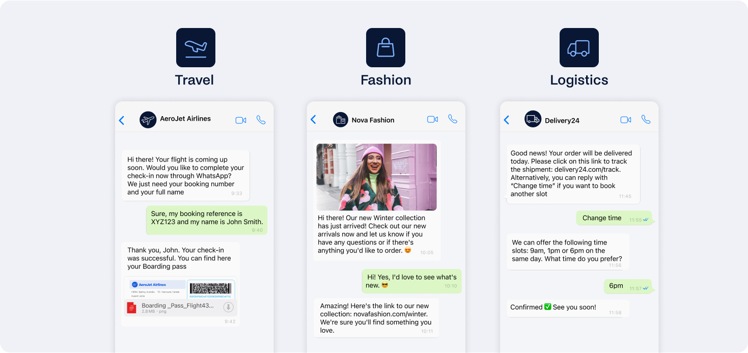 Three messaging app interfaces utilize WhatsApp Business API: booking confirmation for Aerout Airlines, fashion collection update from Nova Fashion, and delivery scheduling with Delivery24.