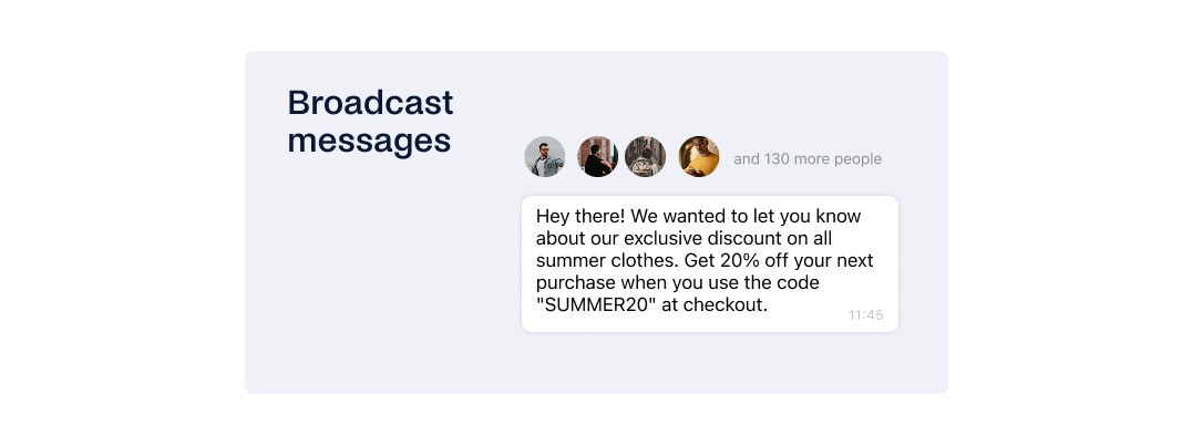 In our chat interface, you'll see a message about a 20% discount on summer clothes using the code "SUMMER20" at checkout. Perfect for businesses using the WhatsApp Business API to keep customers informed and ready for sunny adventures!.