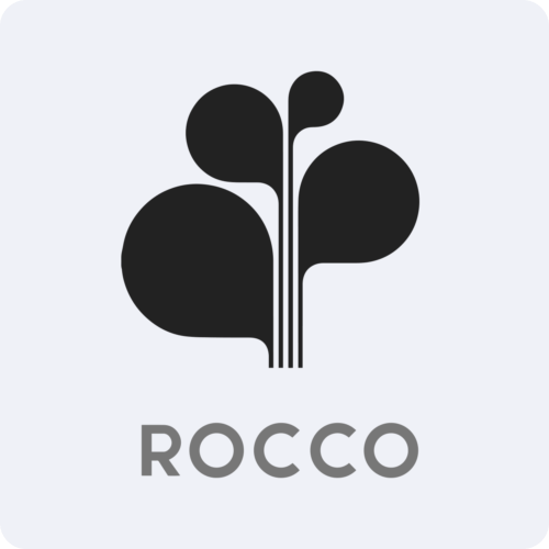 Black abstract plant-like logo above the word "ROCCO" in gray text on a light gray background, symbolizing innovative A2P monetization strategies.