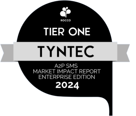 A badge reading "Tier One" awarded to Tyntec by ROCCO for the A2P SMS Market Impact Report Enterprise Edition in 2024, celebrating their excellence in A2P monetization.