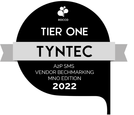 Award for Tyntec as a Tier One A2P SMS Vendor in the ROCCO Benchmarking MNO Edition 2022, highlighting their excellence in A2P monetization.