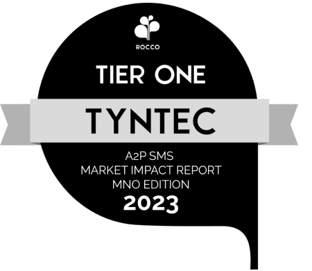 A black background image with a gray ribbon showing "Tier One Tyntec" and text below stating "A2P SMS Market Impact Report MNO Edition 2023" alongside the ROCCO logo at the top highlights the monetization potential of A2P messaging.