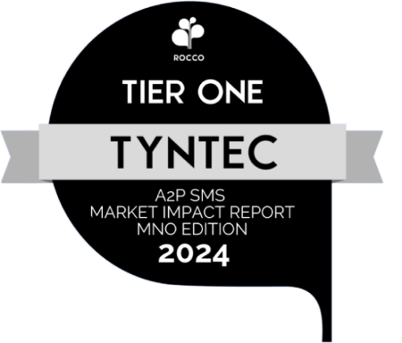 A badge from ROCCO designating tyntec as "Tier One" in the A2P SMS Market Impact Report MNO Edition for 2024, highlighting their excellence in A2P Monetization.