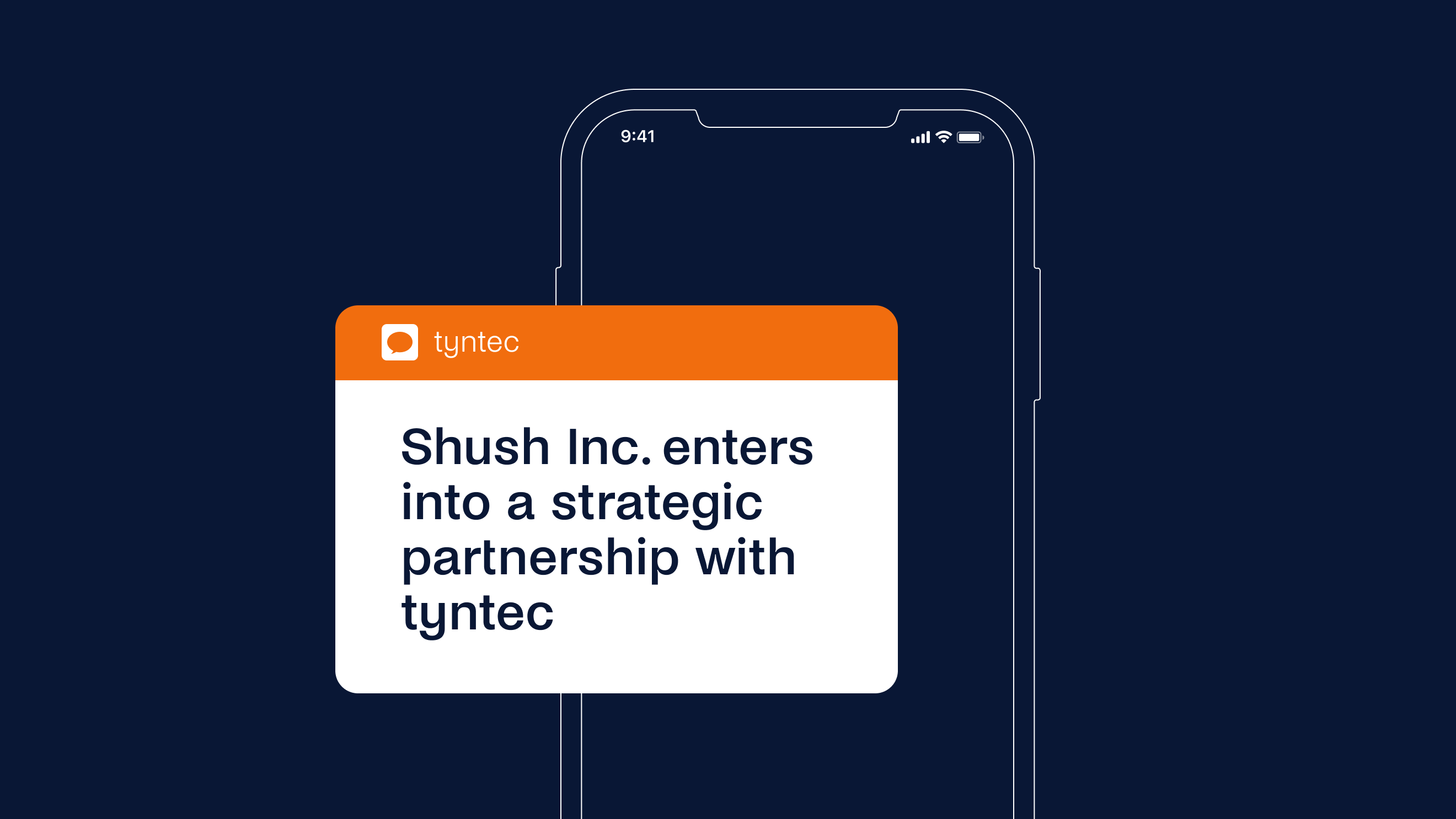 Illustration of a smartphone screen displaying a notification: "Shush Inc. forges a strategic partnership with tyntec.